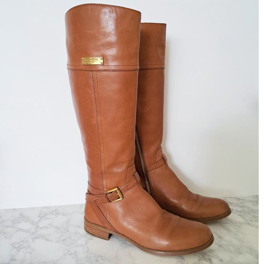 COACH Micha Leather Tall Riding Boots Size 7 Cinnamon Brown - Picture 1 of 11